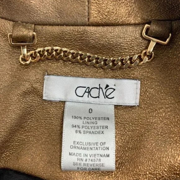 Cache Jacket Womens 0 Metallic Gold Open Front Waterfall Shoulder Pad Cropped - Picture 3 of 12